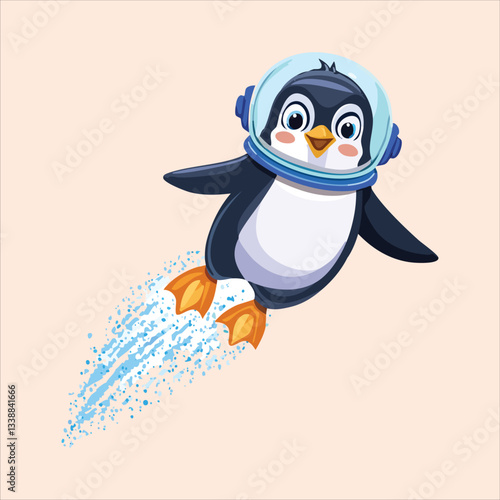 A chubby penguin in a space helmet floating in zero gravity, surrounded by stars