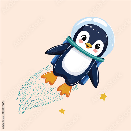 A chubby penguin in a space helmet floating in zero gravity, surrounded by stars