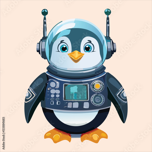 A chubby penguin in a space helmet floating in zero gravity, surrounded by stars