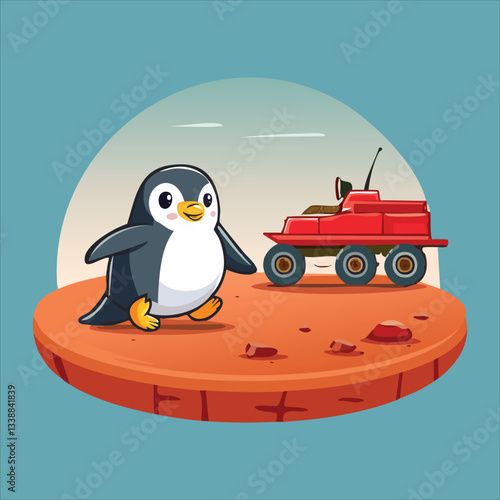 A chubby penguin in a space helmet floating in zero gravity, surrounded by stars