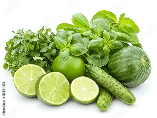 A vibrant collection of fresh green vegetables and citrus fruits including limes, cucumbers, basil and cilantro are arranged on a white background.
