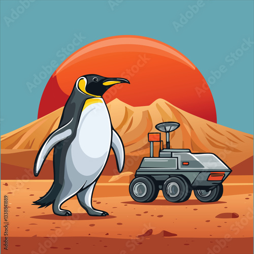 A chubby penguin in a space helmet floating in zero gravity, surrounded by stars