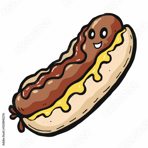 Whimsical Hotdog: An animated hotdog character with a cheerful expression in a bun, complete with mustard and relish