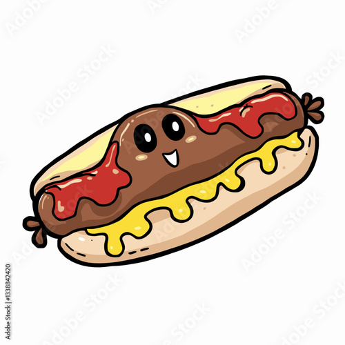 Cartoon Hotdog Delight: An appetizing cartoon illustration of a cheerful hotdog with expressive eyes and a wide, inviting smile, nestled in a soft bun, generously drizzled with ketchup and mustard.