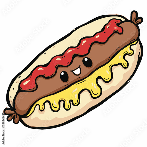 Animated Hot Dog Delight: A cheerful cartoon hot dog smiles broadly, slathered with vibrant ketchup and mustard on a fluffy bun, offering a playful and delicious visual.