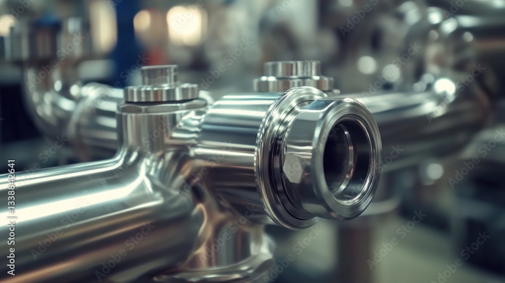 Naklejka premium Close-up of shiny stainless steel pipeline components in factory