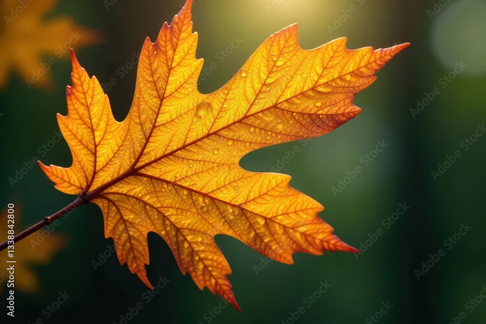 Fototapeta premium Golden oak leaf, water droplets cascade down veins , fall, environment, brown