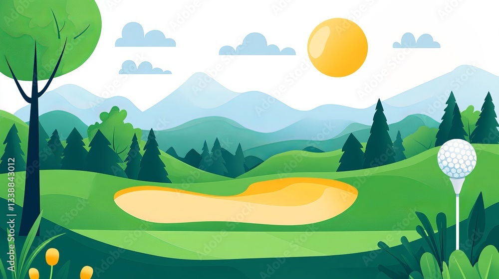 Fototapeta premium Vibrant golf course landscape with trees and mountains under sunny sky