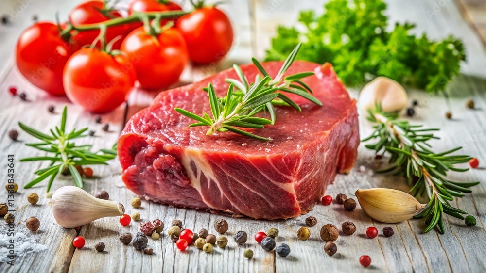 Raw Beef Steak with Herbs, Spices & Tomatoes - Culinary Photography Raw Beef Steak with Herbs, Spices & Tomatoes - Culinary Photography