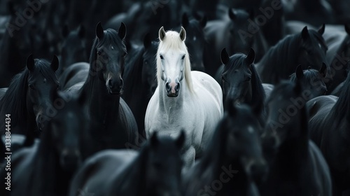 A white horse among black stallions.