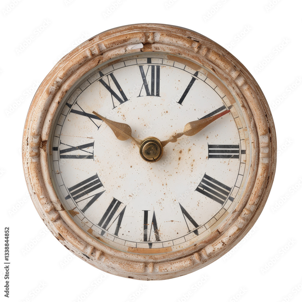 Fototapeta premium Vintage Wall Clock with Roman Numerals Displaying Time on a Textured White Background