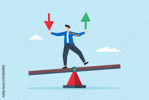 Flat illustration of investor balance on seesaw holding arrow of loss and gain symbolizing investment risk