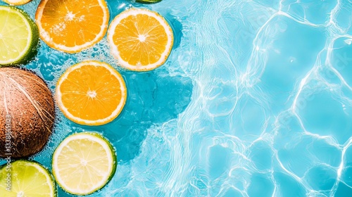 Fresh citrus and coconut in sparkling blue water