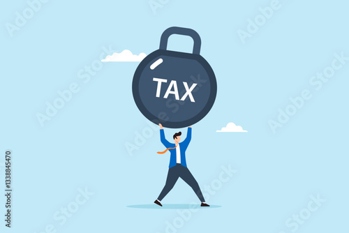 Flat illustration of businessman carry heavy weight label TAX symbolizing financial burden and debt