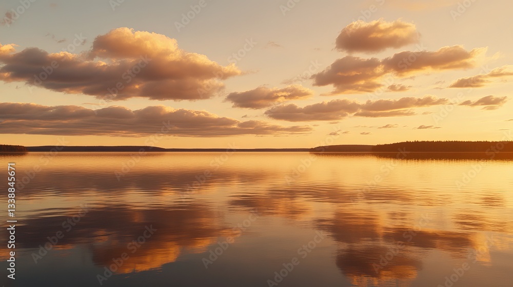 Serene golden sunset over calm lake reflecting soft clouds and distant shores Serene golden sunset over calm lake reflecting soft clouds and distant shores