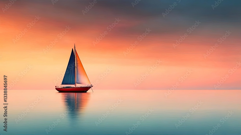 Fototapeta premium Sunset over ocean landscapes idea. A serene sunset with a sailboat on calm waters, evoking relaxation and adventure.