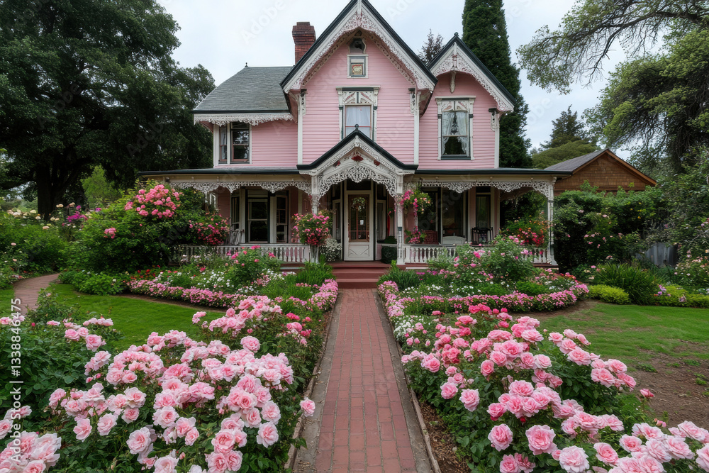 Victorian Estate Blooming with Roses Charming Garden Exterior View Serene Environment Soft Pastel Colors Victorian Estate Blooming with Roses Charming Garden Exterior View Serene Environment Soft Pastel Colors