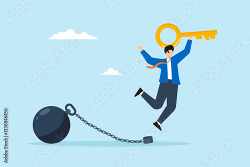 Flat illustration of happy businessman hold golden key after unlocking burden chain symbolizing debt freedom