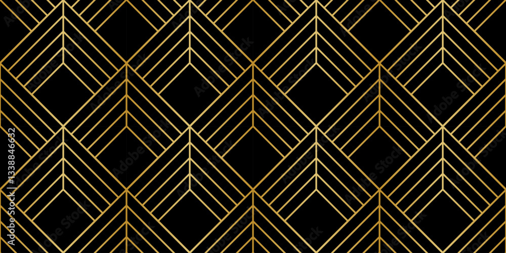 Black and gold geometric art deco rhombus print, classical elegant vector background seamless repeating pattern design