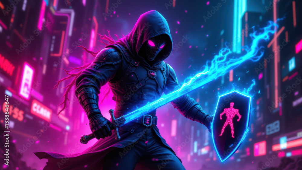Cybersecurity warrior standing ready against cyber threats in a neon-lit cityscape. Cybersecurity warrior standing ready against cyber threats in a neon-lit cityscape.