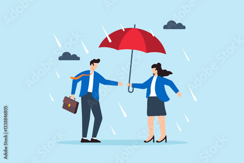 Flat illustration of kind businessman offer umbrella to protect woman from rain symbolizing leadership and empathy
