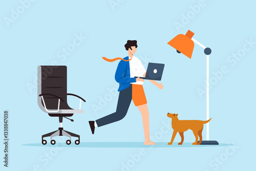 Flat illustration of businessman wear hybrid work attire symbolizing working from both home and office
