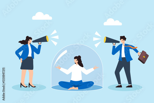 Flat illustration of businesswoman meditate under protective cover ignoring workplace noise and distraction