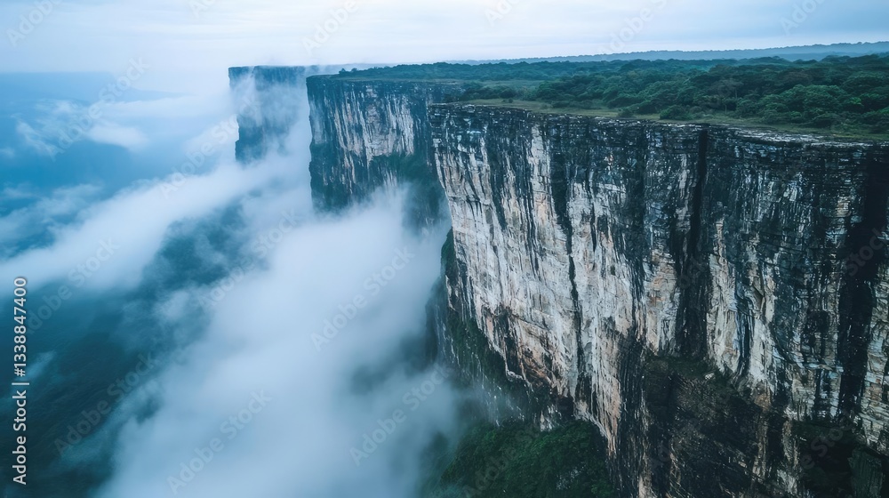 Fototapeta premium Misty mountains scenic view landscapes concept. Stunning aerial view of a misty cliff landscape surrounded by lush green foliage.