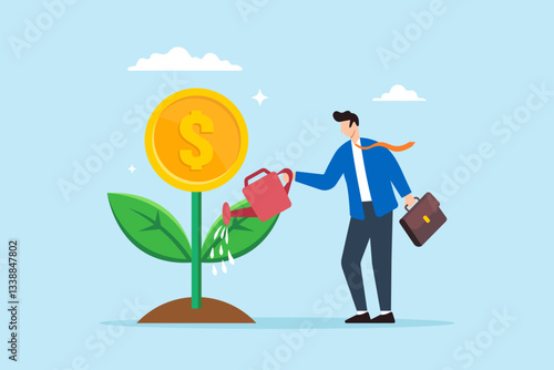 Flat illustration of businessman water plant growing dollar coin flower symbolizing financial growth