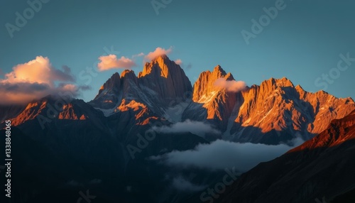 Majestic Mountains Illuminated at Sunset with Golden Light and Dramatic Clouds