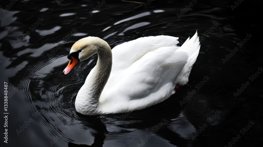 Fototapeta premium A swan floats on black water.