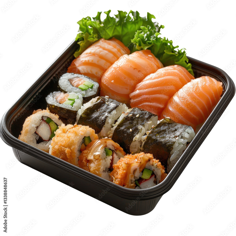 Delicious assortment of sushi with fresh salmon, crab and vegetables served in a black takeout container Delicious assortment of sushi with fresh salmon, crab and vegetables served in a black takeout container