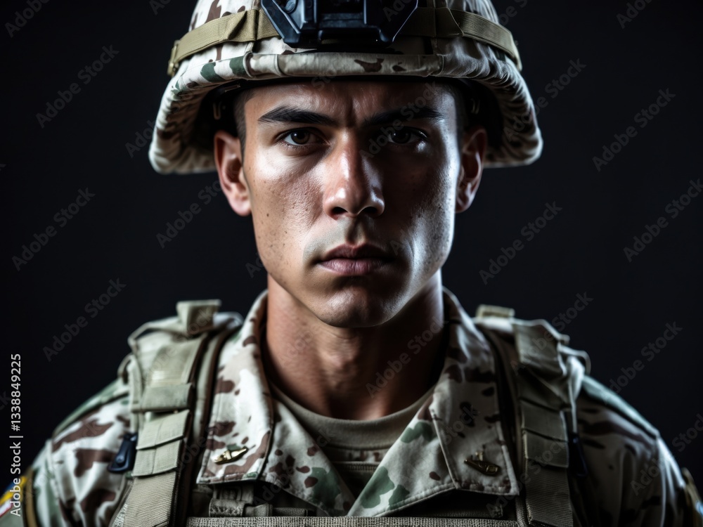 Fototapeta premium Determined Male Soldier in Tactical Military Uniform and Combat Helmet