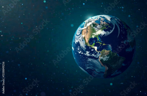 View of planet earth from space. Snapshot of planet Earth against background of sunrise. Outer space. Place for text or copy space