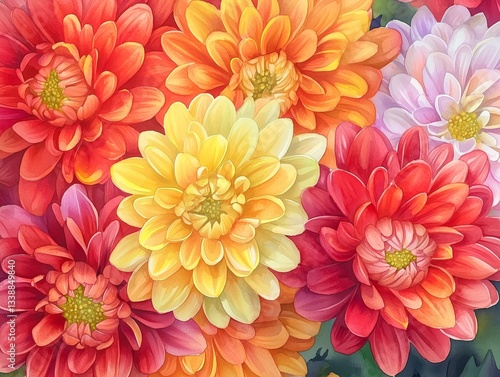 Vibrant watercolor dahlia flowers background, colorful botanical painting illustration, beautiful floral art design for spring and summer