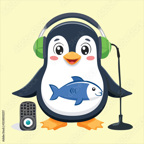 A penguin wearing VR goggles, looking amazed at a virtual ice world