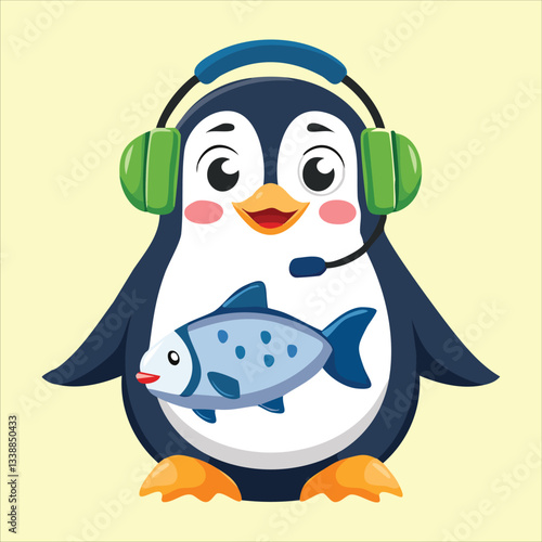 A penguin wearing VR goggles, looking amazed at a virtual ice world