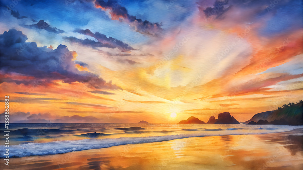 Watercolor Sun Set on the Beach. Watercolor Sun Set on the Beach.