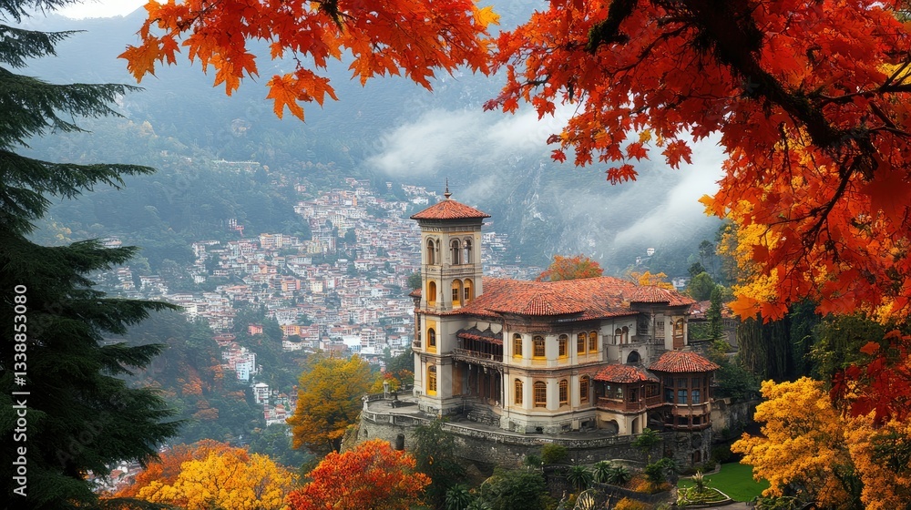 Obraz premium A Scenic Autumn Landscape with Historic Villa Surrounded by Trees
