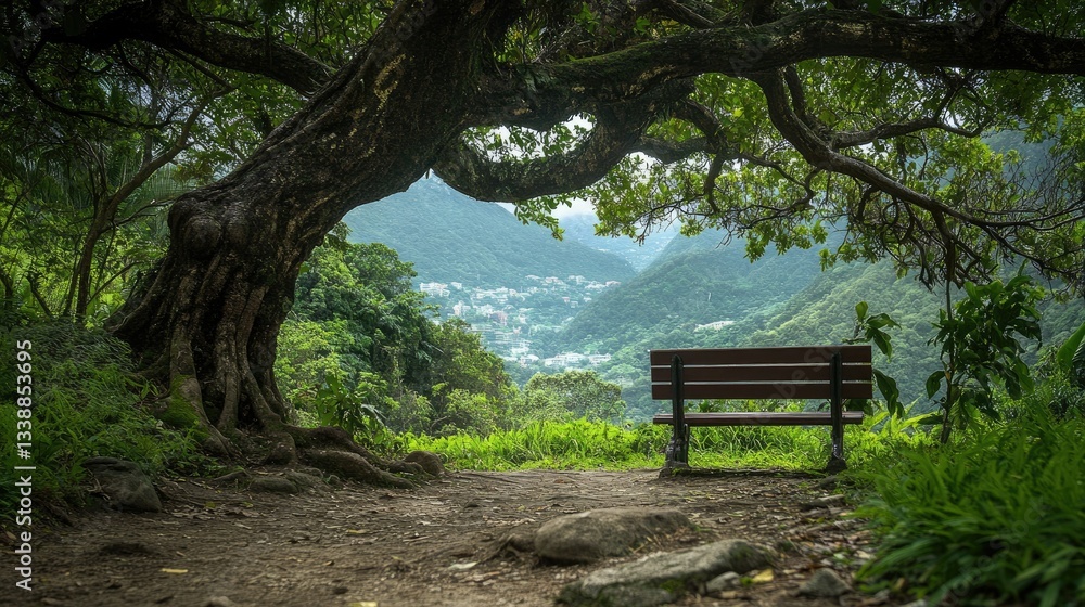 Serene View of a Mountain Landscape Under a Large Tree Canopy Serene View of a Mountain Landscape Under a Large Tree Canopy