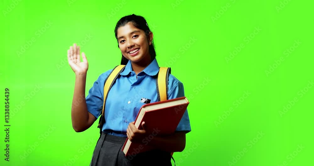 Indian Asian teenage girl in school uniform with a backpack standing against a green chroma screen, waving hands happily while heading to school, expressing excitement, enthusiasm, joy, positivity Indian Asian teenage girl in school uniform with a backpack standing against a green chroma screen, waving hands happily while heading to school, expressing excitement, enthusiasm, joy, positivity