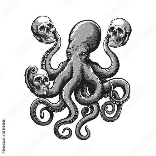 Octopus holding human skull vector art illustration design