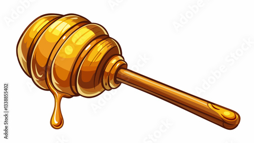 A wooden honey dipper coated in rich honey rests on a clean transparent background, showcasing its natural texture and color, Wooden honey dipper with