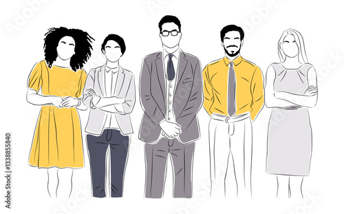 Multinational Business team members standing together. Business men, women brainstorming, discussing, taking part in business activities. Vector  line art illustration isolated on white background.