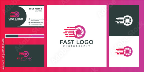 Fast Logo Design: Pink Pixel Camera Shutter Speed Branding Business Card