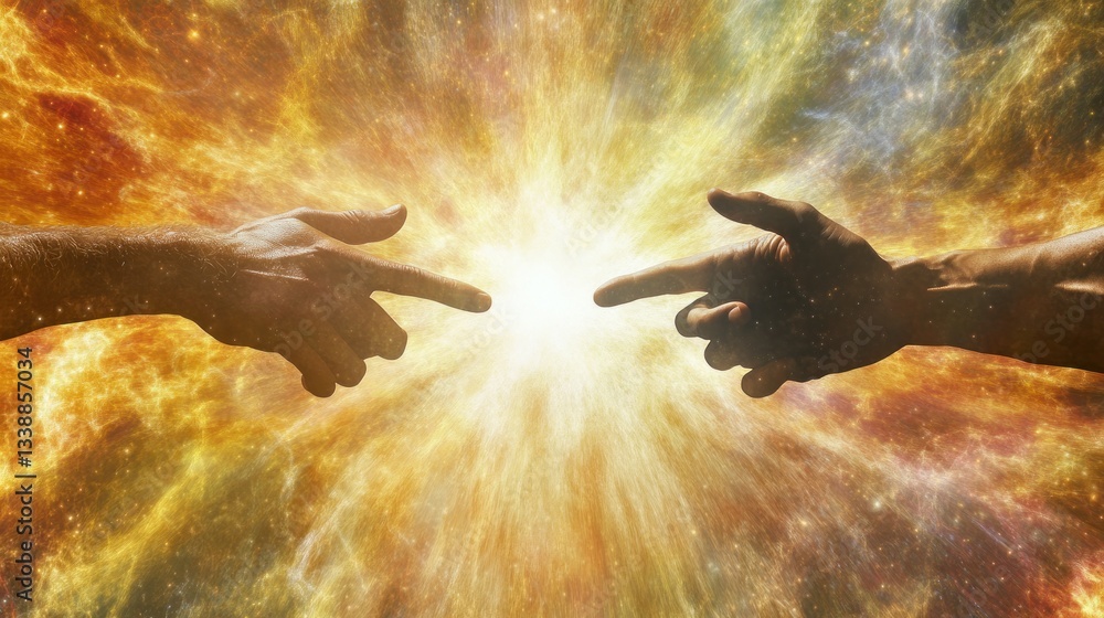 Fototapeta premium Divine Hands Touching in Cosmic Explosion