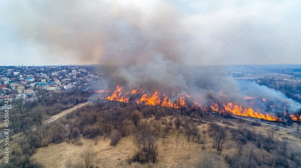 Large Wildfire Spreading Over Brush and Trees Near Urban Area Large Wildfire Spreading Over Brush and Trees Near Urban Area