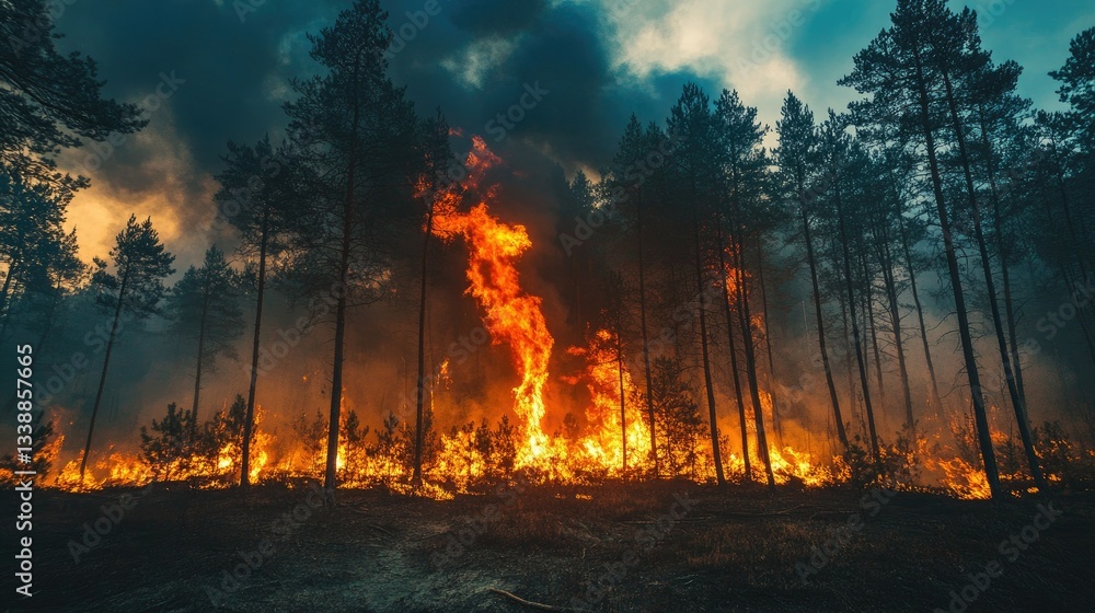 Intense Forest Fire with Flames and Smoke in Dramatic Landscape Intense Forest Fire with Flames and Smoke in Dramatic Landscape