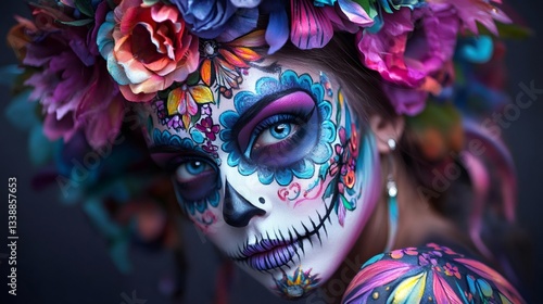 Close up of a woman with vibrant floral sugar skull makeup and colorful flower crown, celebrating dia de los muertos