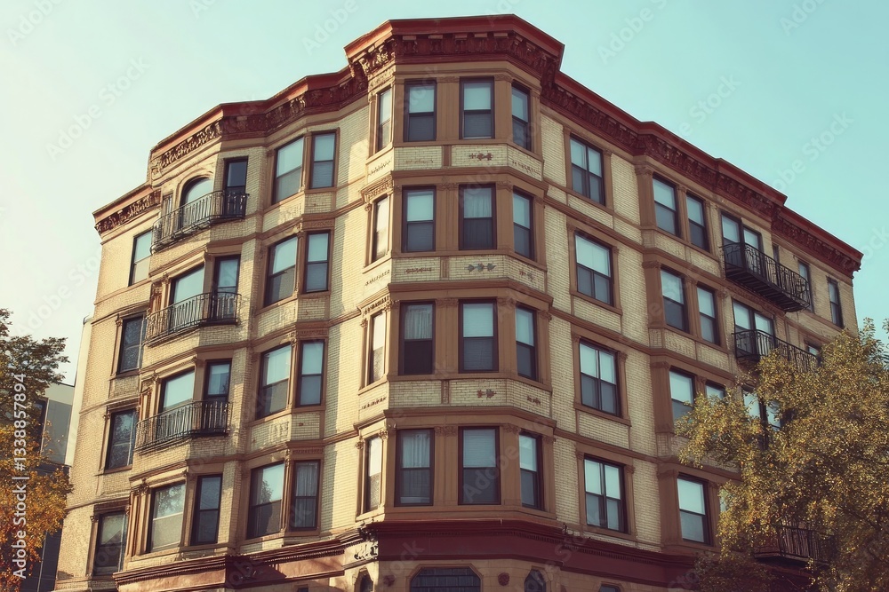 Exterior view of a beige brick apartment building facade Exterior view of a beige brick apartment building facade